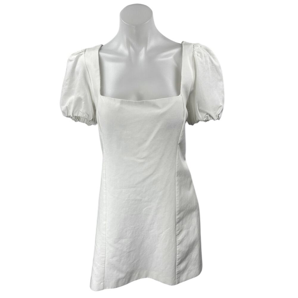 NEW Zara White Short Puff Sleeve Lace Up Back Square Neck Mini A Line Dress XL